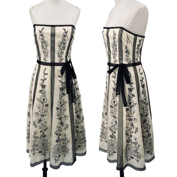 Vintage Y2k BCBGMAXAZRIA Embroidered Floral Midi Dress Mesh Ivory Black 4 - Picture 1 of 14